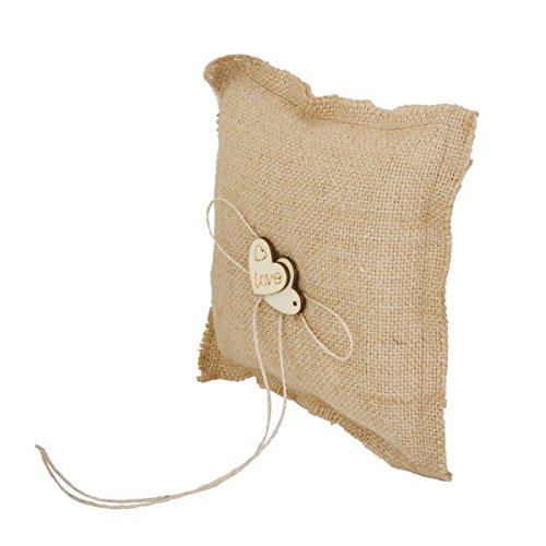 FENICAL Burlap Wedding Ring Pillow Bridal Ring Bearer Pillow Cushion with Wood Double Heart 18x18cm