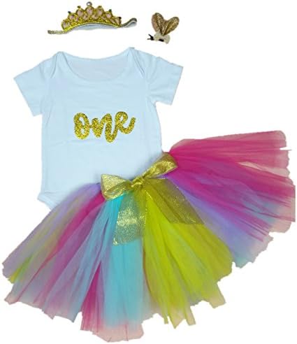 ESIINOY 4PCS Baby Girl 1st Birthday Rainbow Tutu Onesie Outfit Gold Skirt XL