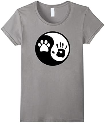 Women's Dog Paw and Human Hand Print Yin Yang T-shirt XL Slate