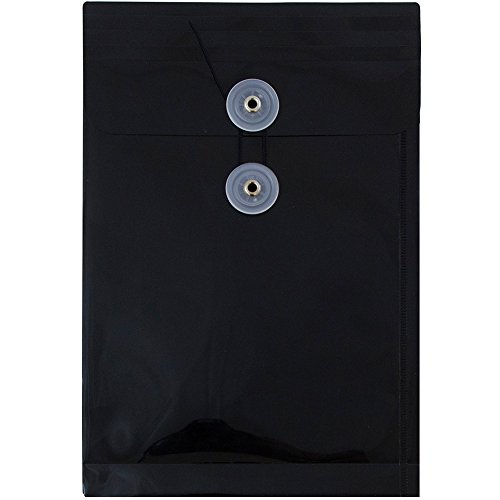 JAM Paper Plastic Envelopes - Button and String Tie Closure - Open End - 6 1/4" x 9 1/4" - Black - 12/pack