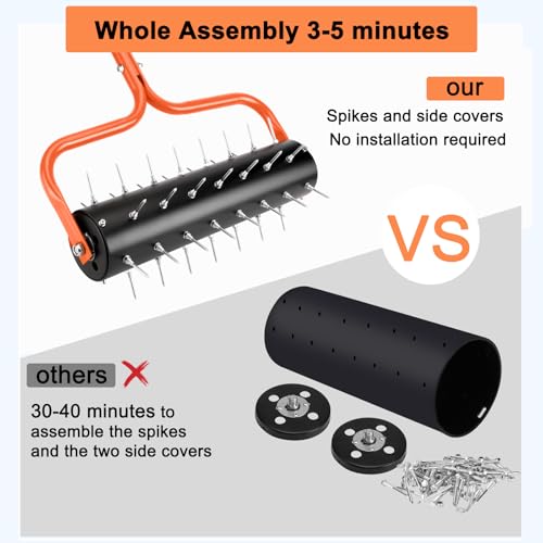 Asunrise 21" Rolling Lawn Aerator, 45 Preassembled Spikes, Only Needs 3-5 Minutes to Assemble, No Looseness, Good Package, 75" Long Handle with Quick Clip Connections, U-Shape Construction - Orange.