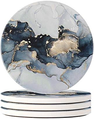 Haocoo コースター おしゃれ セラミック製 大理石模様 コルク裏面 丸型 4枚セット マグ 新品 お茶パッド 速乾 家庭用 プレゼント グレーゴールド 吸水 断熱 オフィス用 新築祝い 珪藻土よりも良い 滑り止め