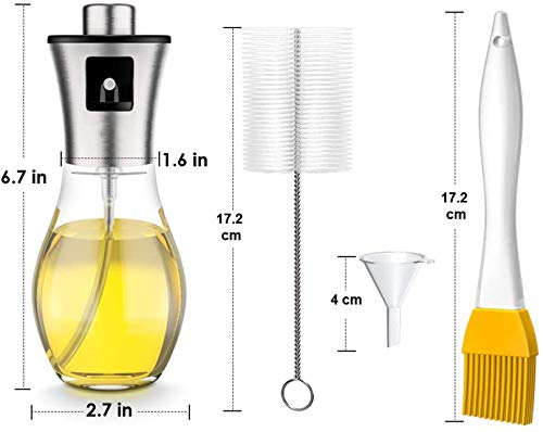 Olive Oil Sprayer for Cooking, 200ml Oil Sprayer Mister Refillable Oil and Vinegar Dispenser Bottle with Basting Brush,Bottle Brush and Oil Funnel for Cooking, Baking, BBQ, Salad, Air Fryer, Roasting