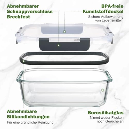 YASHE Glass Container with Lid, 10 Pieces, Stackable & Airtight Meal Prep Boxes, Glass for Dishwasher-Safe, Microwave & Freezer Safe, Leak-Proof, BPA-Free Glass Jars with Lid Set