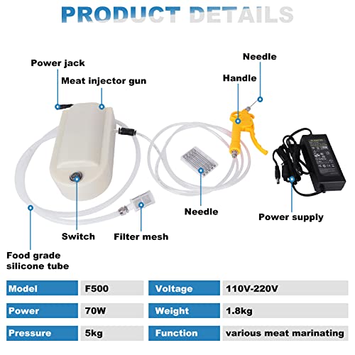 Meat Injector Gun Pump with Hose, 70W Electric Marinade Injector Meat
