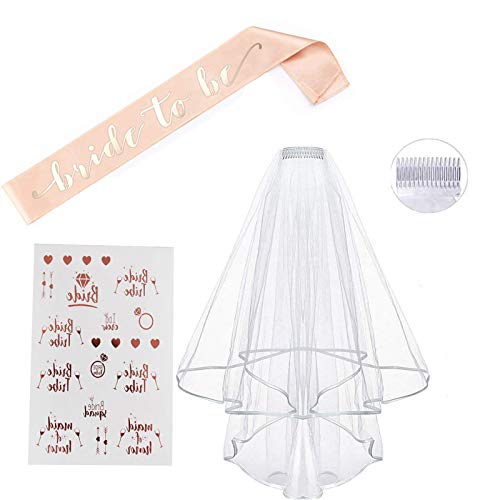 JGA deko Accessoires für den Junggesellinnenabschied,Rose Gold Luftballons+Banner + Schärpe + weißer Schleier mit Kamm + 21 Tattoos für Braut to be,Team Braut (JGA deko)