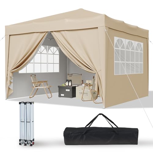 Aoxun Pop Up Pavillon 3x3 Wasserdicht mit 4 Seitenwänden, Metallrahmen-Schutzzelt, Höhe Verstellbar, 3mx3m Faltpavillon mit Tragetasche für Camping Party,Beige