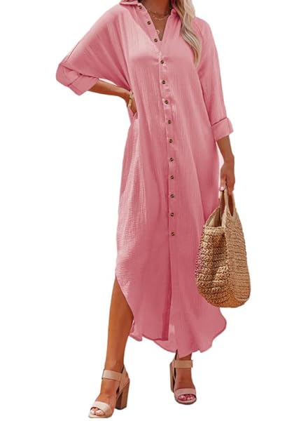 DOKOTOO WOMENS PLUS SIZE CASUAL SUMMER SPRING WRAP BUTTON DOWN FRONT COTTON LONG SLEEVE MAXI DRESS LONG CARDIGAN BEACH BOHO COVER UPS SHIRT DRESSES FOR WOMEN 2024 PINK MEDIUM