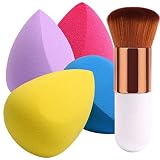 BEAKEY 4+1Pcs Makeup Sponges with Powder Brush, Foundation Blending Sponge for Liquid Cream and Powder, Professional Beauty Sponge Blender & Kabuki Brush
