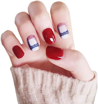JINDIN 24 Sheet Short Fake Nails Full Cover with Glue Design Acrylic Square Head Nail Tips
