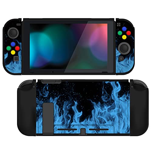 PlayVital Blue Flame Protective Case for Nintendo Switch, Soft TPU Slim Case Cover for Nintendo Switch Joycon Console with Colorful ABXY Direction Button Caps