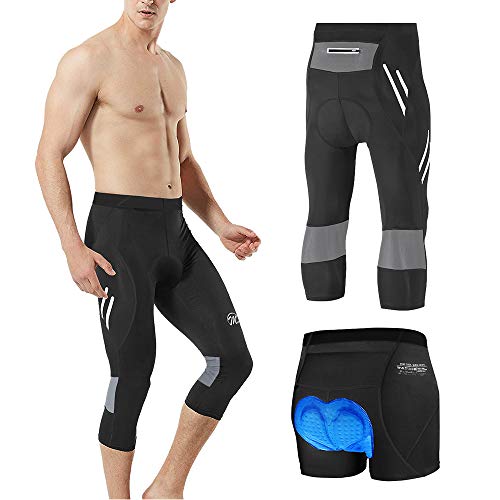 FEIXIANG Men's Cycling Tight Pants 4D Padded Bicycle Riding Compression Leggings Bike Clothes 3/4 Cycle Wear Sport Tights Gray