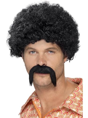 Smiffys 70s Disco King Kit, Black with Tight Afro and Tash, 1970's Disco Fancy Dress, 1970s Dress Up Wigs