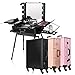 Ovonni LED Makeup Train Case, Lighted Rolling Travel Portable Cosmetic Organizer Box with Mirror & 4 Detachable Wheels, Professional Artist Trolley Studio Free Standing Workstation(Black)