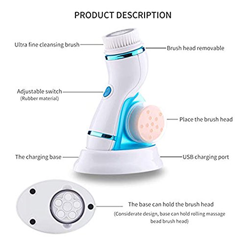 Carejoy Facial Brush Waterproof 2 Speed Electric Deep Cleansing System with 4 Massager Brush Heads