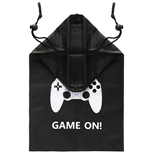 AhlsenL 24 Pack Video Game Bags Black Gaming Party Bags Pattern White Gamepad Two Drawstring with Button Non-Woven Fabrics for Kids Birthday Party