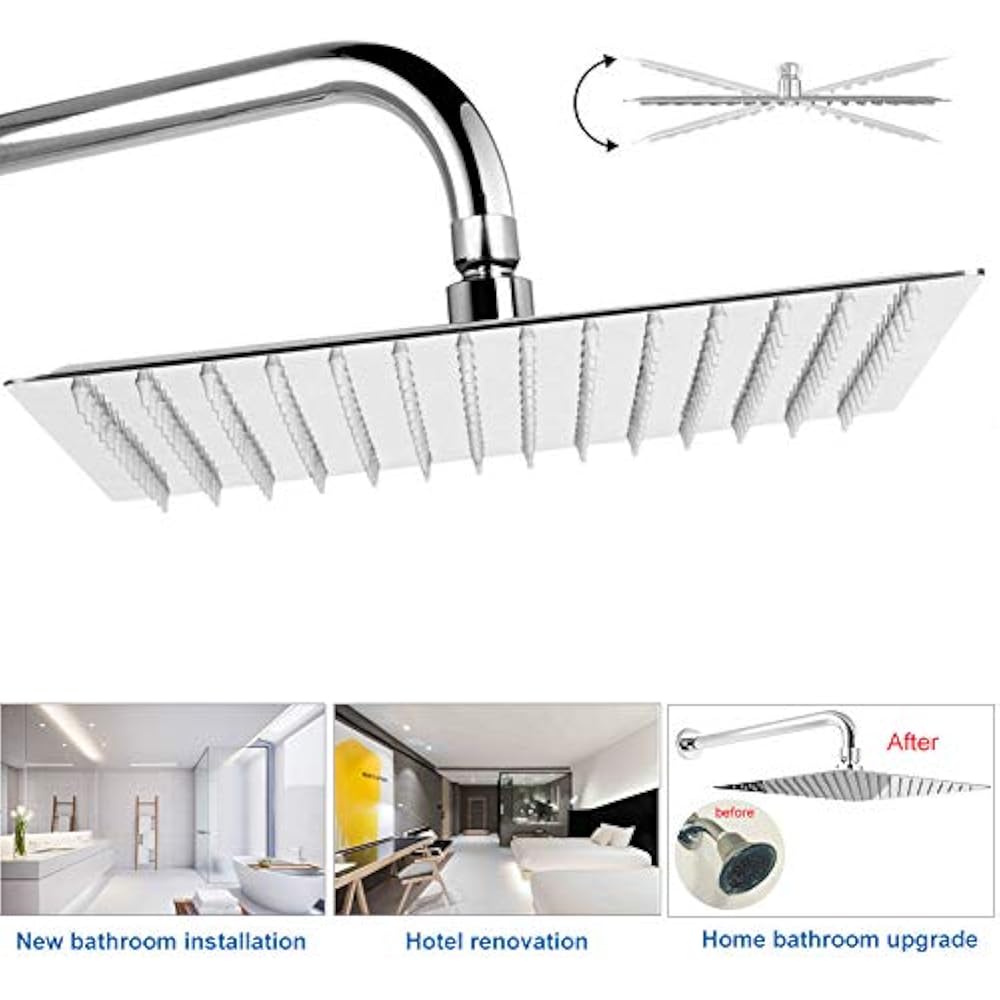 12 Inch Shower Head 15 Extension Arm, Square Rain Heads, Large