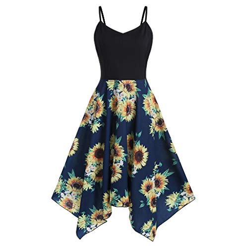 Dresses for Women Casual Summer Plus Size, Fashion Womens Sunflower Print Asymmetric Camis Handkerchief Dress Navy