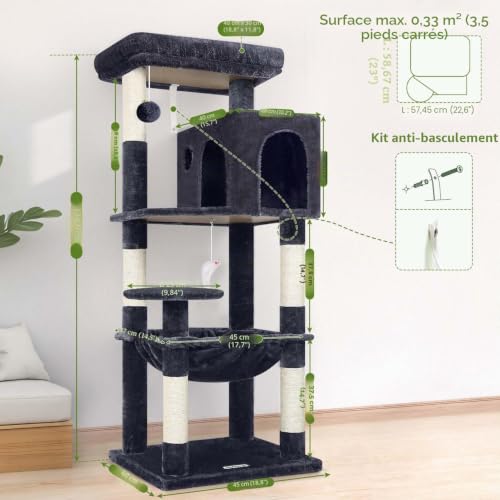 Globlazer Cat Tree 137 cm with Extra Large Hammock 45 x 40 cm, Large Kennels, Padded Platform, Easy to Install Indoor Cat Trees for Adult Cats, Rest Game Scratching (F53, Dark Grey)