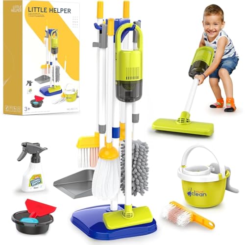 AM ANNA Toddler Toys Cleaning Set, 14Pcs Kids Cleaning Toy Set, Pretend Play Home Playset - Incl.Electric Toy Vacuum, Broom and Dustpan Sets, Mop,Duster and More (Blue)