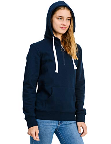 esstive Women's Basic Solid Fleece 1/4 Zip-Up Hooded Pullover Sweatshirt, Navy, Medium