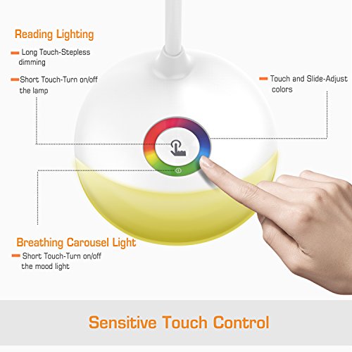 MoKo LED Desk Lamp with Dimmable Color, Portable Reading Table Light with built-in 1800mAh rechargeable battery, Flexible Gooseneck, Touch Control, For Kids Study Home Office -White