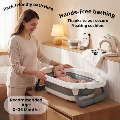 Last page® 4-in-1 folding baby bathtub set, a foldable baby bathtub suitable for newborns to toddlers. This portable bathtub set includes a bathtub, a bath net, a water bucket and a water spoon