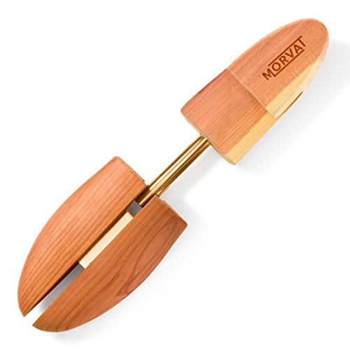 Morvat Premium Quality Adjustable Cedar Wood Shoe Tree with Bonus Metal Shoe Horn, Sanding Sponge, and Carry Bag | Shoe Shaper Insert- Size XL