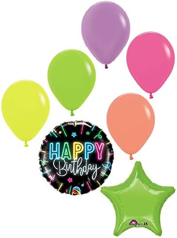 DalvayDelights 7 pc Black & Neon Black Light Party Happy Birthday Balloon Bouquet Decoration Glow UV