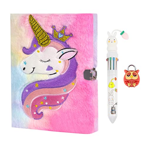 Plush Unicorn Diary with Lock for Girls, Kids Journal Notebook Set