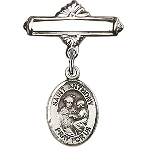 Sterling Silver Baby Badge with St. Anthony of Padua Charm and Polished Badge Pin 1 X 5/8 inches