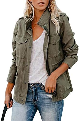 Women's Army Green Stand Collar Jackets Zipper Closure Outerwear with Four Pockets