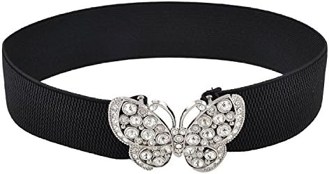 SODIAL(R) Women Rhinestones Accent Butterfly Hook Buckle Black Elastic Cinch Waist Belt