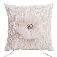 LONGBLE Beige Lace Figured Elegant Wedding Ring Pillow Voile Flower and Sequin Decoration Ring Cushion Bearer Satin with Ribbon 6.1 Inch Square for Beach Weddings (B1)