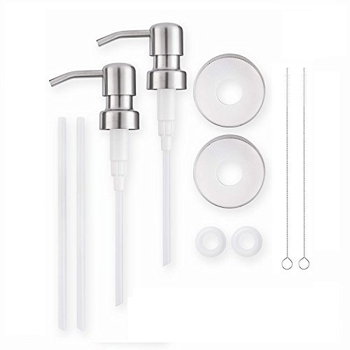 2 Pack Mason Jar Soap Dispenser Lids Rust Proof Stainless Steel Soap and Lotion Dispenser Lids with Cleaning Brush for Bathroom or Kitchen (Silver)