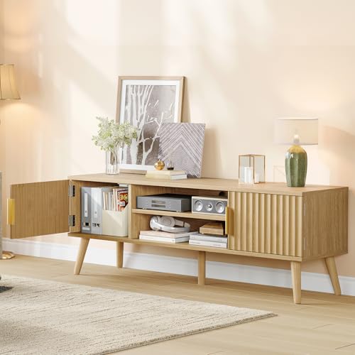 FIONESO Fluted TV Stand for 32-60 Inch TV, TV Console, Entertainment Center with 2 Cabinets & Shelf, TV Table, Media Console with Gold Handle for Living Room, Natural