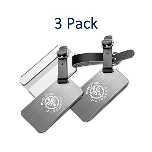 Luggage Tags (3-Pack) - Stainless Steel Bag Tag Labels - Luggage Tags with PU Leather Straps - Flight and Cruise Ship ID Travel Bag Luggage Tags