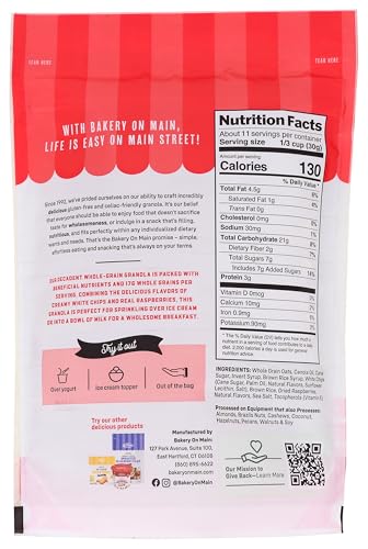 BAKERY ON MAIN DECADENT GRANOLA, WHITE CHIP RASPBERRY SWIRL – WHOLE GRAIN BAKESHOP BLISS, GLUTEN-FREE, VEGAN, NON-GMO, 11OZ