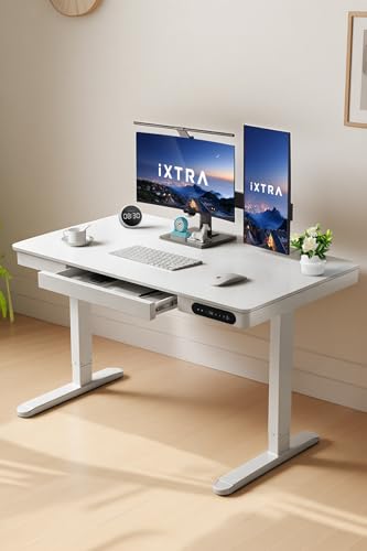 IXTRA Standing Desk with Drawer 120x60cm Whole Piece Tabletop Electric Standing Desk, Height Adjustable Desk with USB Charging Ports, Sit Stand Desk with Storage for Home & Office White