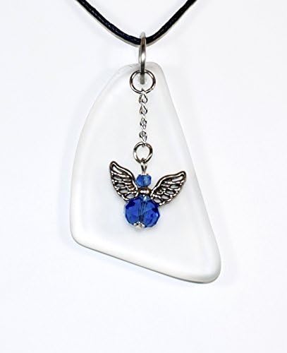 White Sea Glass Pendant w/ Sapphire Blue Crystal Angel Charm. Sapphire Blue is the Birthstone Color for September. All Orders Ship with a Waxed Cotton Necklace and Proper Gift Box. Item AMZN003-WHT