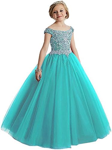 GreenBloom Glitzs Beaded Crystal Off Shoulder Princess Pageant Gowns for Teens