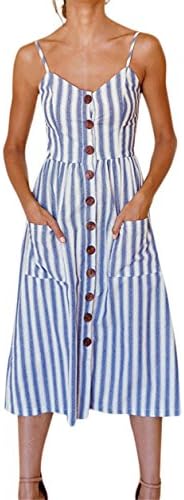 Womens Women V Neck Sleeveless Striped Loose Ladies Summer Beach Buttons Party Sexy Casual Sundress (Blue, S)