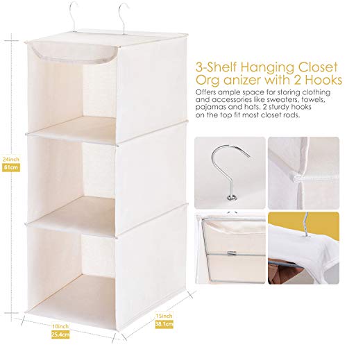 MaidMAX 3 Tiers Cloth Hanging Shelf Closet Organizer 2 Metal Hooks, Foldable, Beige, 24 Inches High
