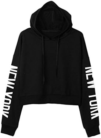 Anxinke Women's Loose Letters Print Long Sleeve Jumper Pullover Hooded Sweatshirts Crop Tops (Black, M)