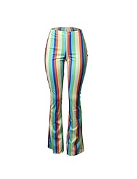 Pantalones de dama con estampado de rayas arcoíris y cintura alta, acampanados, pantalones de pierna ancha