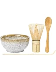 KAISHANE Japanese Matcha Whisk Set Matcha Tea Ceremony Set of 4 Including 100 Prong Matcha Whisk, Traditional Scoop, Tea Spoon and Ceramic Matcha Bowls