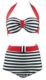 Cocoship Retro 50s Black Stripe Polka Dot Vintage High Waisted Bikini Swimsuit(FBA)