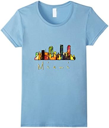 Womens Miami Florida Skyline Watercolor T-shirt Medium Baby Blue