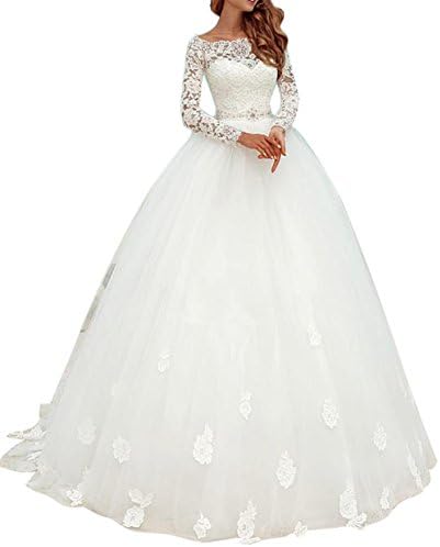 Ethel Women's Appliques Lace Top Ball Gown Wedding Dresses with Long Sleeves
