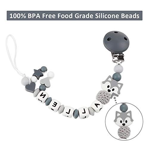 Pacifier Clip Personalized Name, MCGMITT Customized Fox Binky Holder Teething Silicone Beads for Baby Girls Boys (Grey)